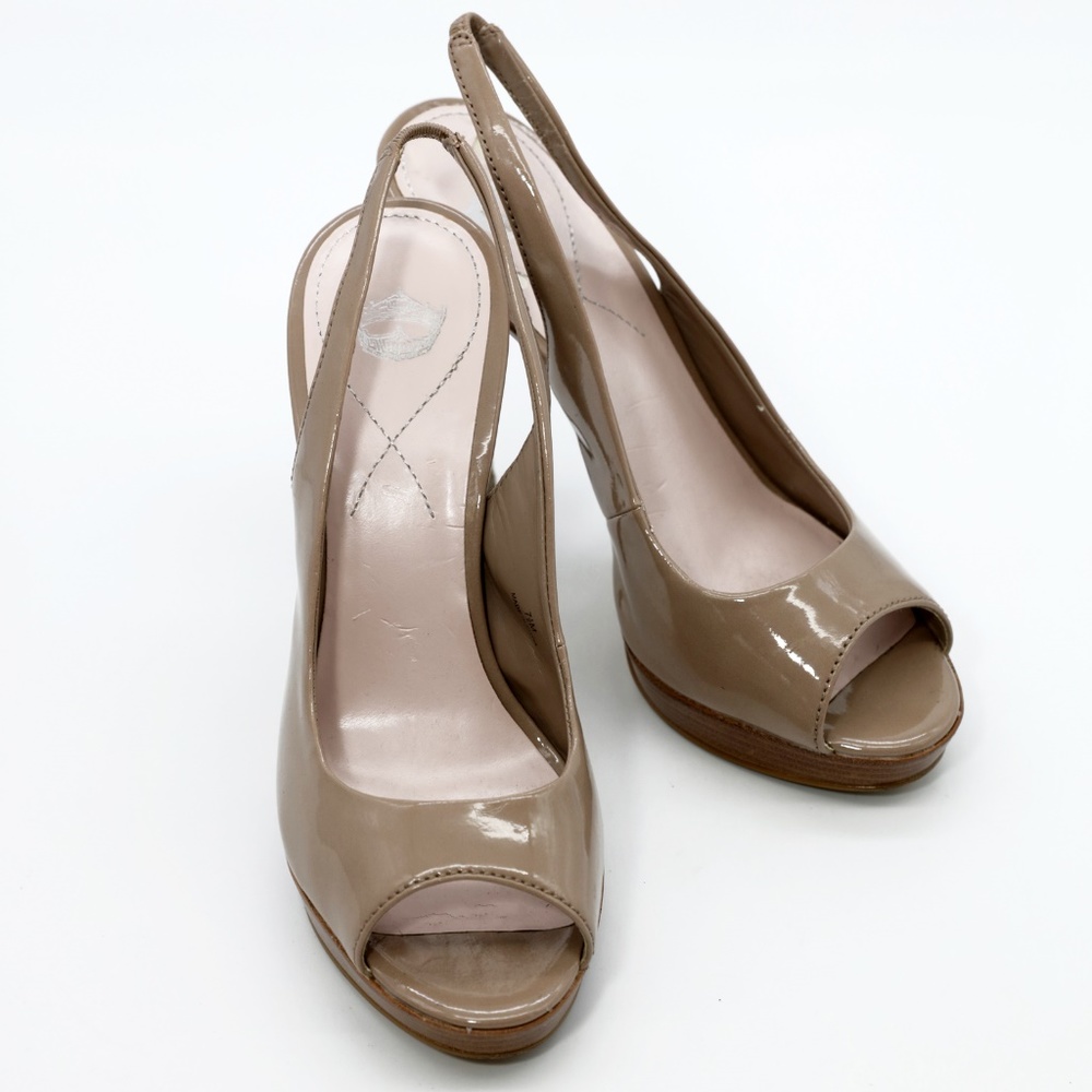 Nude Patent Leather Open Toe Pumps